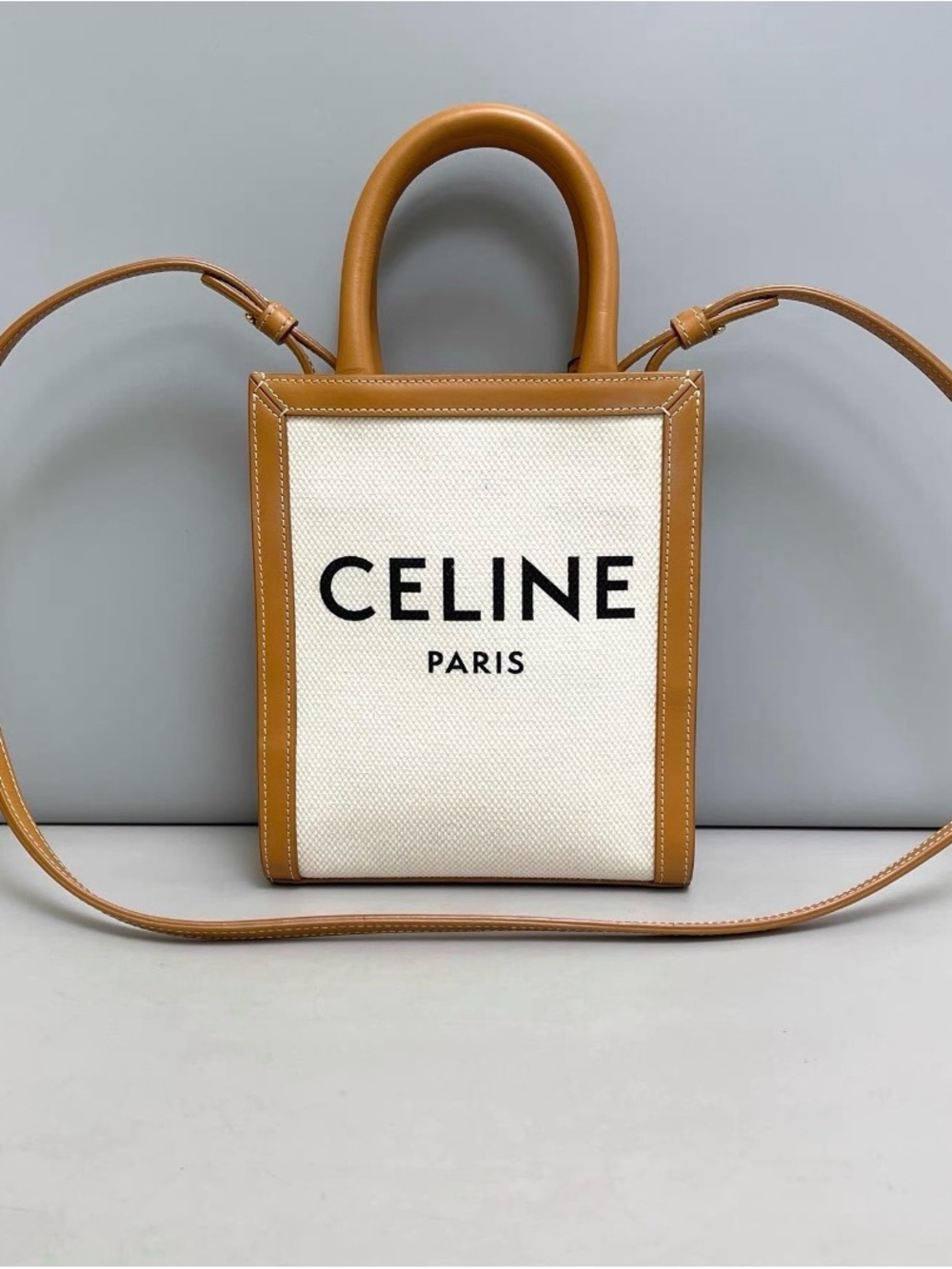 Celine Canvas Small Tote in White and Tan Leather